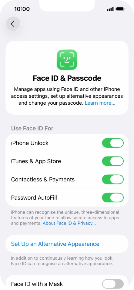 Press the indicators next to the required settings to turn them on or off.