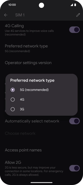 Press the required network mode.