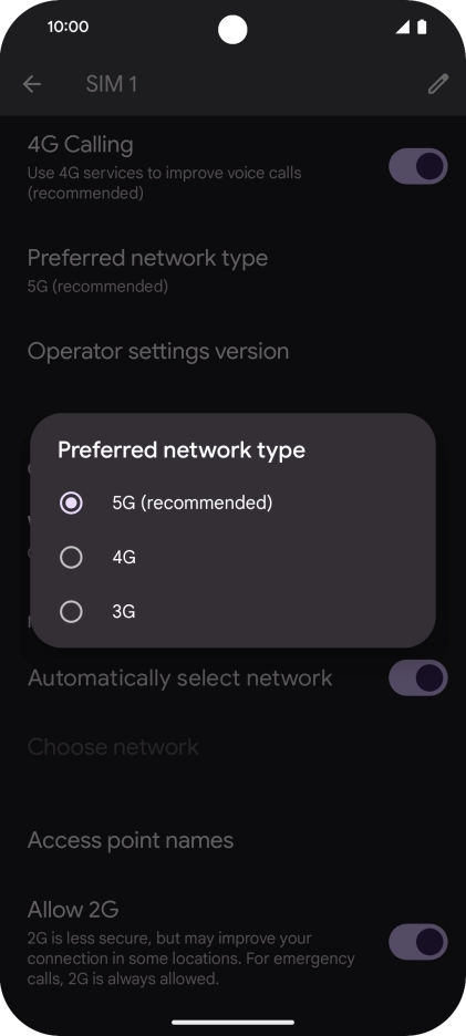 Press the required network mode.
