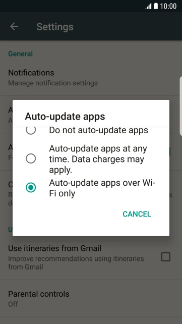 To turn on automatic update of apps using Wi-Fi, press Auto-update apps over Wi-Fi only.