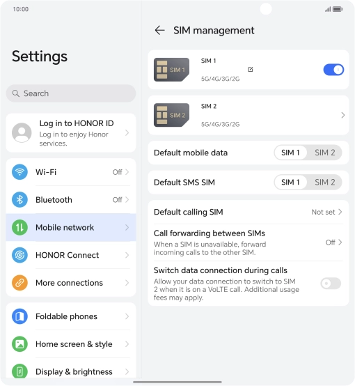 Press the indicator next to the required SIM to turn use of the SIM on or off.