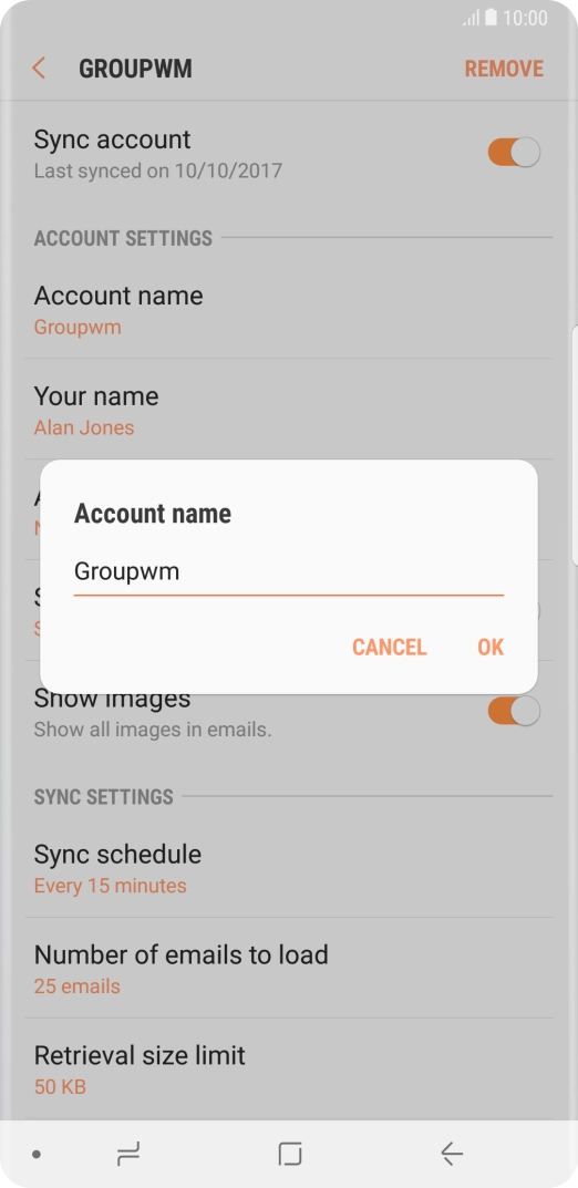 Key in the required name for the email account and press OK.