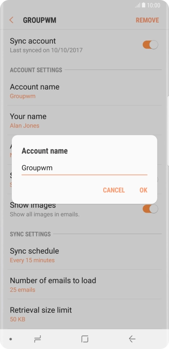 Key in the required name for the email account and press OK.