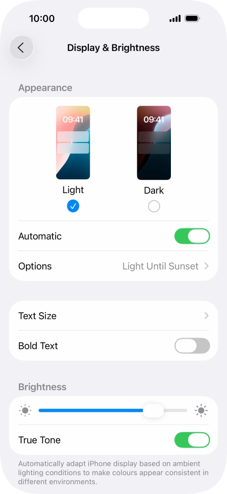 If you turn on the function, press Options and follow the instructions on the screen to select the required period of time for Dark Mode.