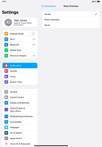 To select notification preview on the lock screen, press Always.
