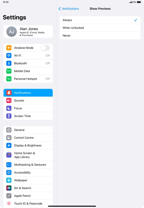 To select notification preview on the lock screen, press Always.