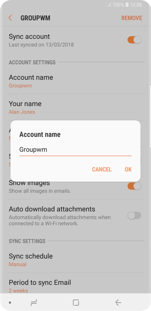 Key in the required name for the email account and press OK.