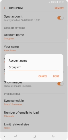 Key in the required name for the email account and press DONE.