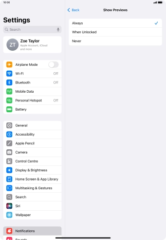 To select notification preview on the lock screen, press Always.