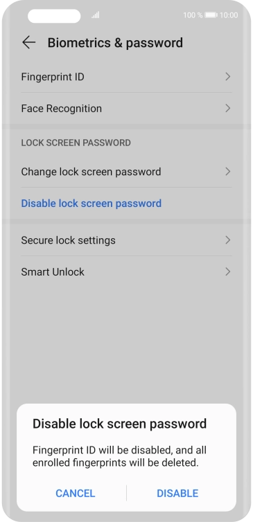 Key in the additional phone lock code you created earlier and press DISABLE.