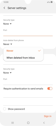 Press Never to keep email on the server when you delete them on your phone.