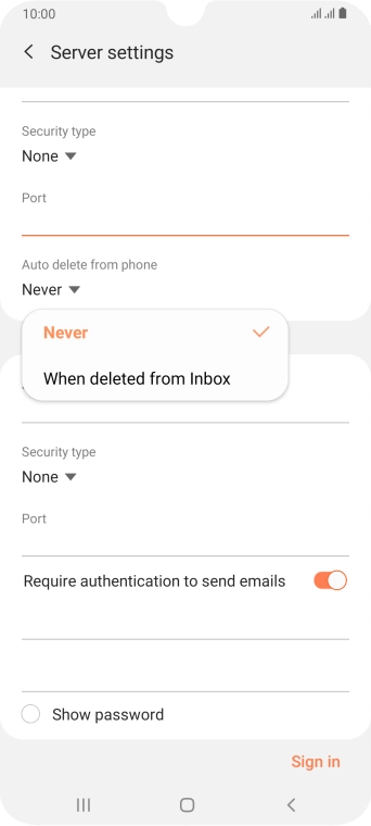 Press Never to keep email on the server when you delete them on your phone.