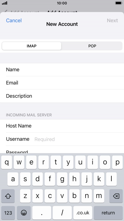 Press Username and key in the username for your email account.