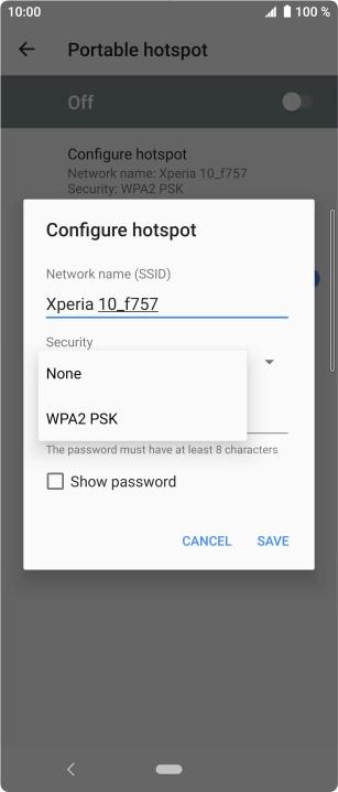 Press WPA2 PSK to password protect your Wi-Fi hotspot.