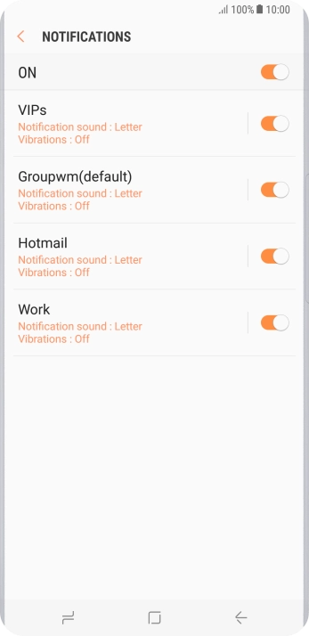 Press the indicator next to the required email account to turn the function on or off.