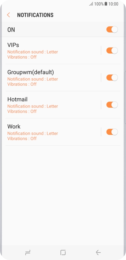 Press the indicator next to the required email account to turn the function on or off.