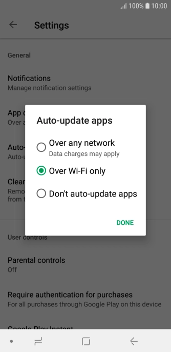 To turn on automatic update of apps using mobile network, press Over any network Data charges may apply.