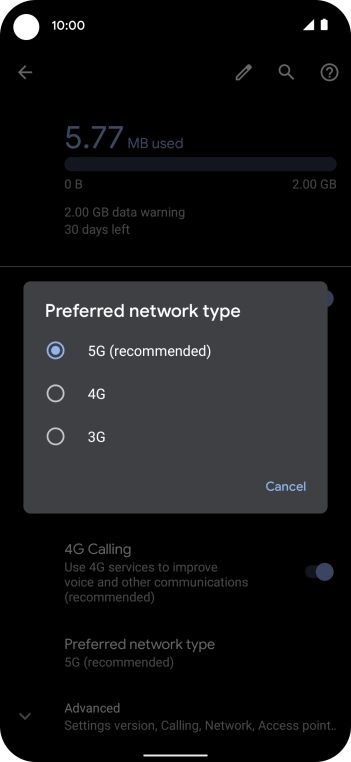 Press the required network mode.
