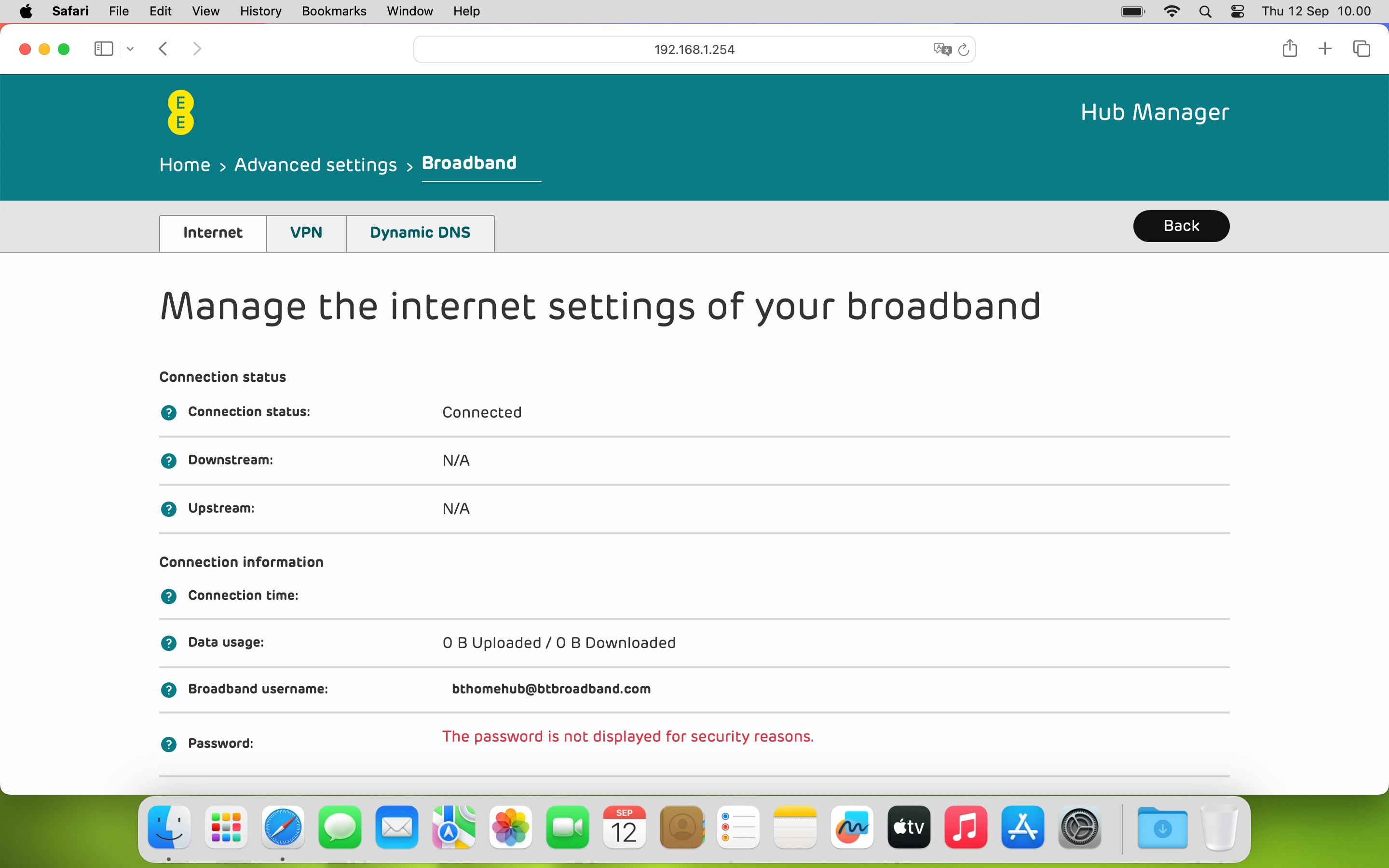 The internet connection information is displayed.
