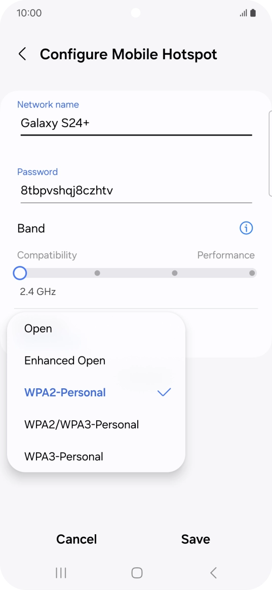 Press WPA3-Personal to password protect your Wi-Fi hotspot.