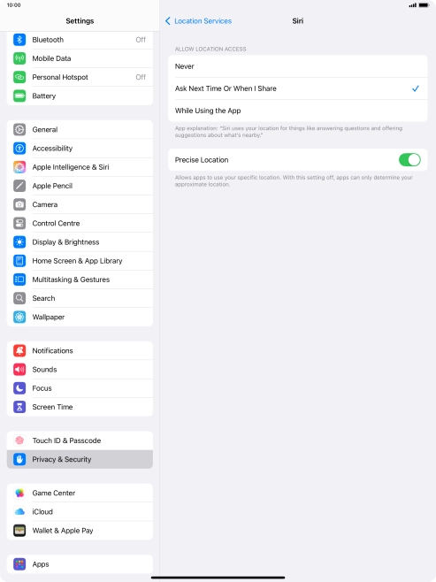 Press the required setting to turn the function on or off.