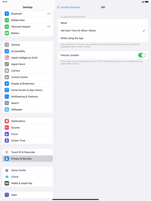Press the required setting to turn the function on or off.