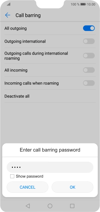 Key in your barring password and press OK.