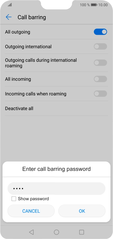 Key in your barring password and press OK.