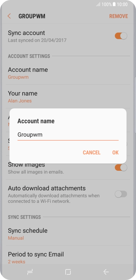 Key in the required name for the email account and press OK.
