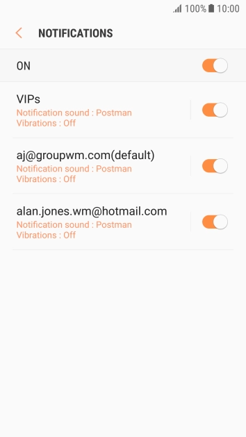 Press the indicator next to the required email account to turn the function on or off.