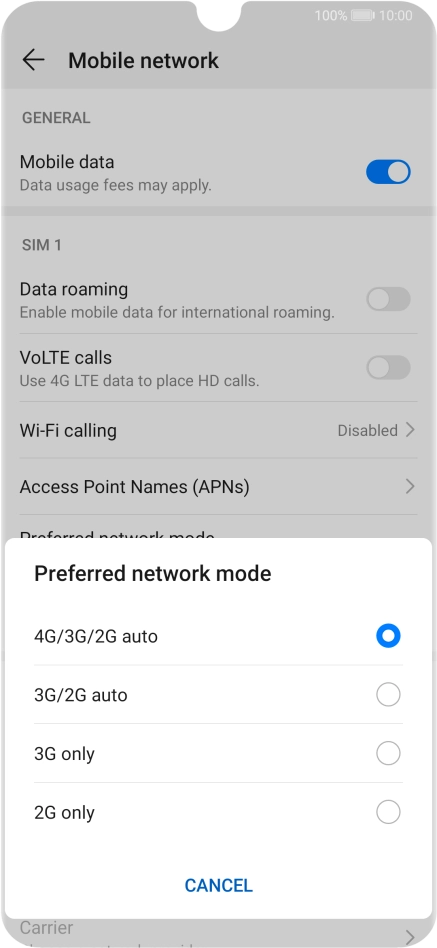 Press the required network mode.