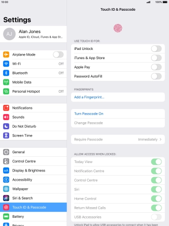 Press Turn Passcode On and key in a lock code of your own choice twice.