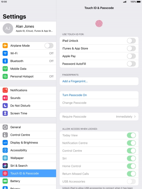 Press Turn Passcode On and key in a lock code of your own choice twice.