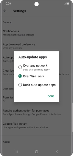 To turn on automatic update of apps using mobile network, press Over any network.