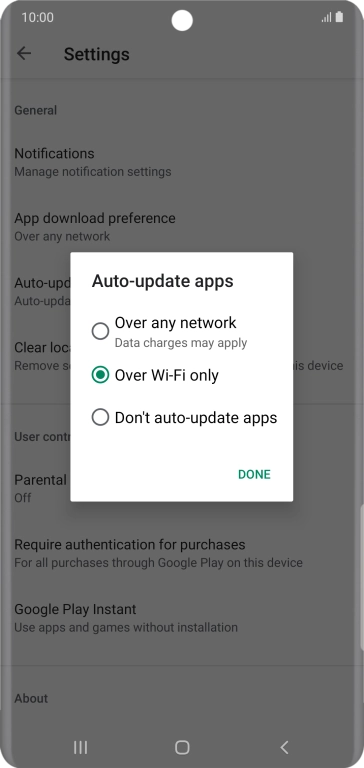 To turn on automatic update of apps using mobile network, press Over any network.