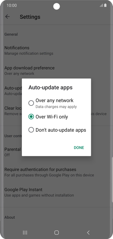 To turn on automatic update of apps using mobile network, press Over any network.