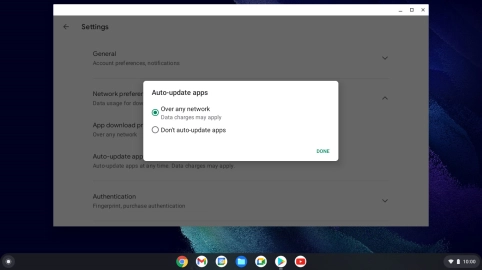 To turn on automatic update of apps using mobile network, click Over any network.