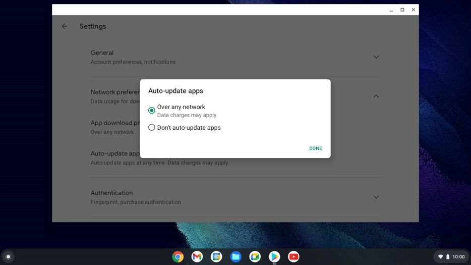To turn on automatic update of apps using mobile network, click Over any network.