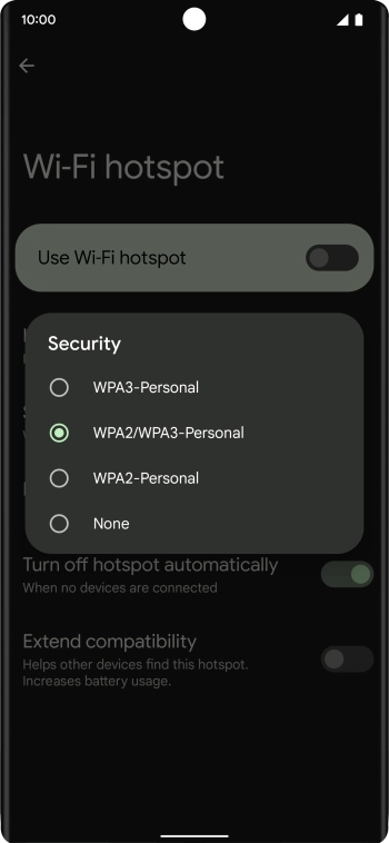 Press WPA3-Personal to password protect your Wi-Fi hotspot.