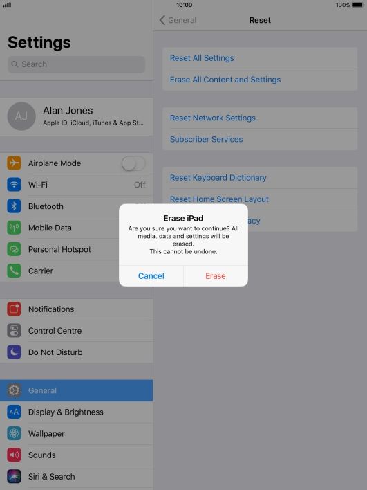 Press Erase. Wait a moment while the factory default settings are restored. Follow the instructions on the screen to set up your tablet and prepare it for use.