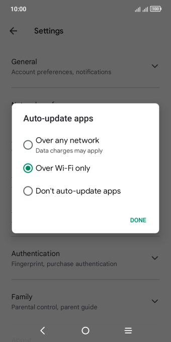To turn on automatic update of apps using mobile network, press Over any network.