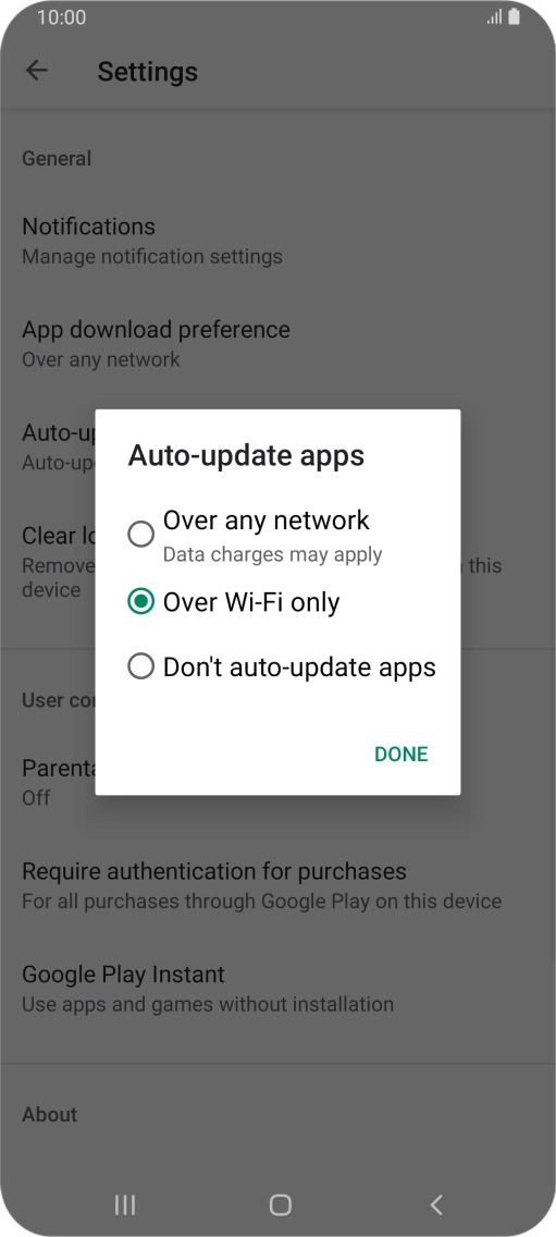 To turn on automatic update of apps using mobile network, press Over any network.
