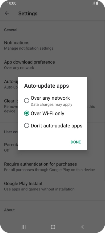 To turn on automatic update of apps using mobile network, press Over any network.