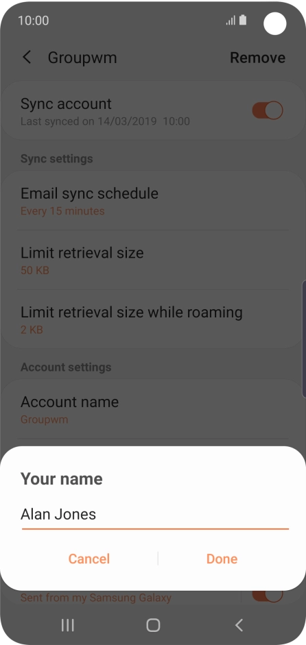 Key in the required name for the email account and press Done.