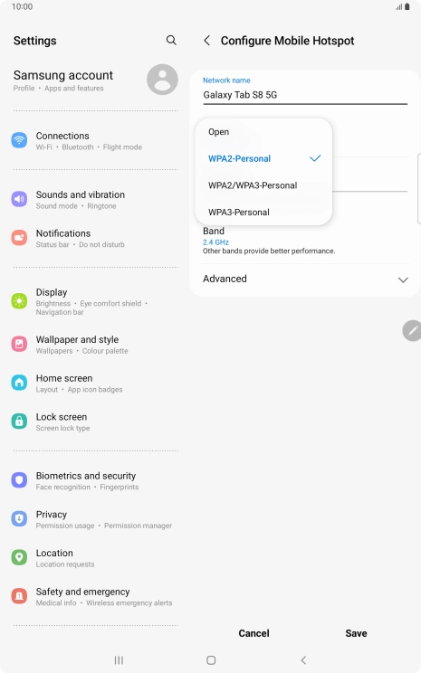 Press WPA3-Personal to password protect your Wi-Fi hotspot.