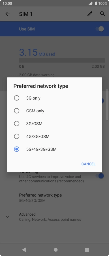 Press the required network mode.