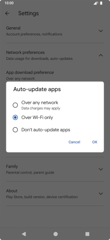 To turn on automatic update of apps using mobile network, press Over any network.