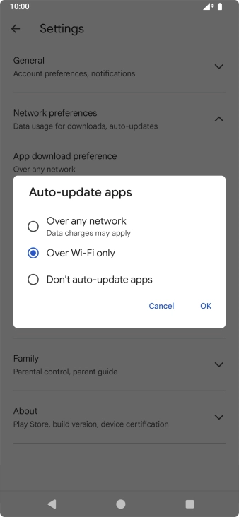 To turn on automatic update of apps using mobile network, press Over any network.