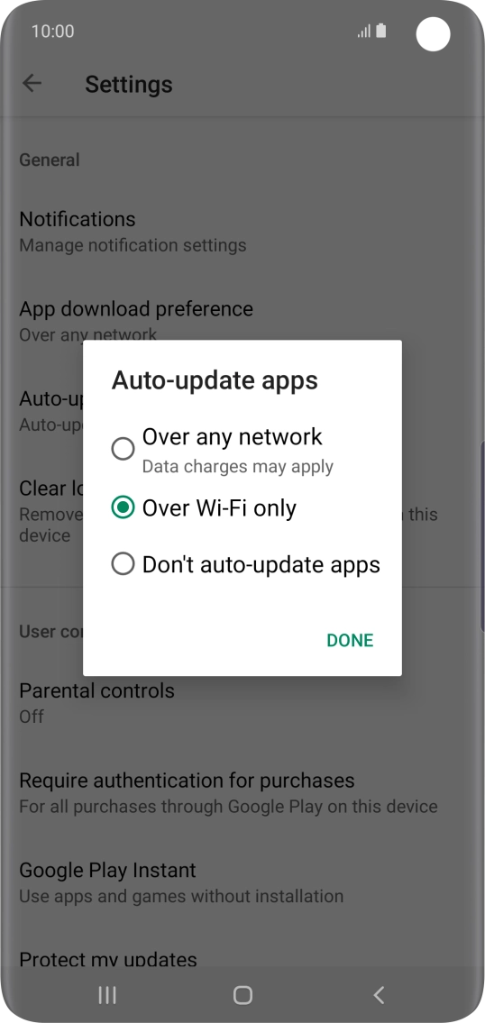 To turn on automatic update of apps using mobile network, press Over any network Data charges may apply.