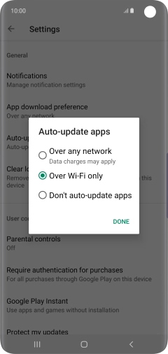 To turn on automatic update of apps using mobile network, press Over any network Data charges may apply.
